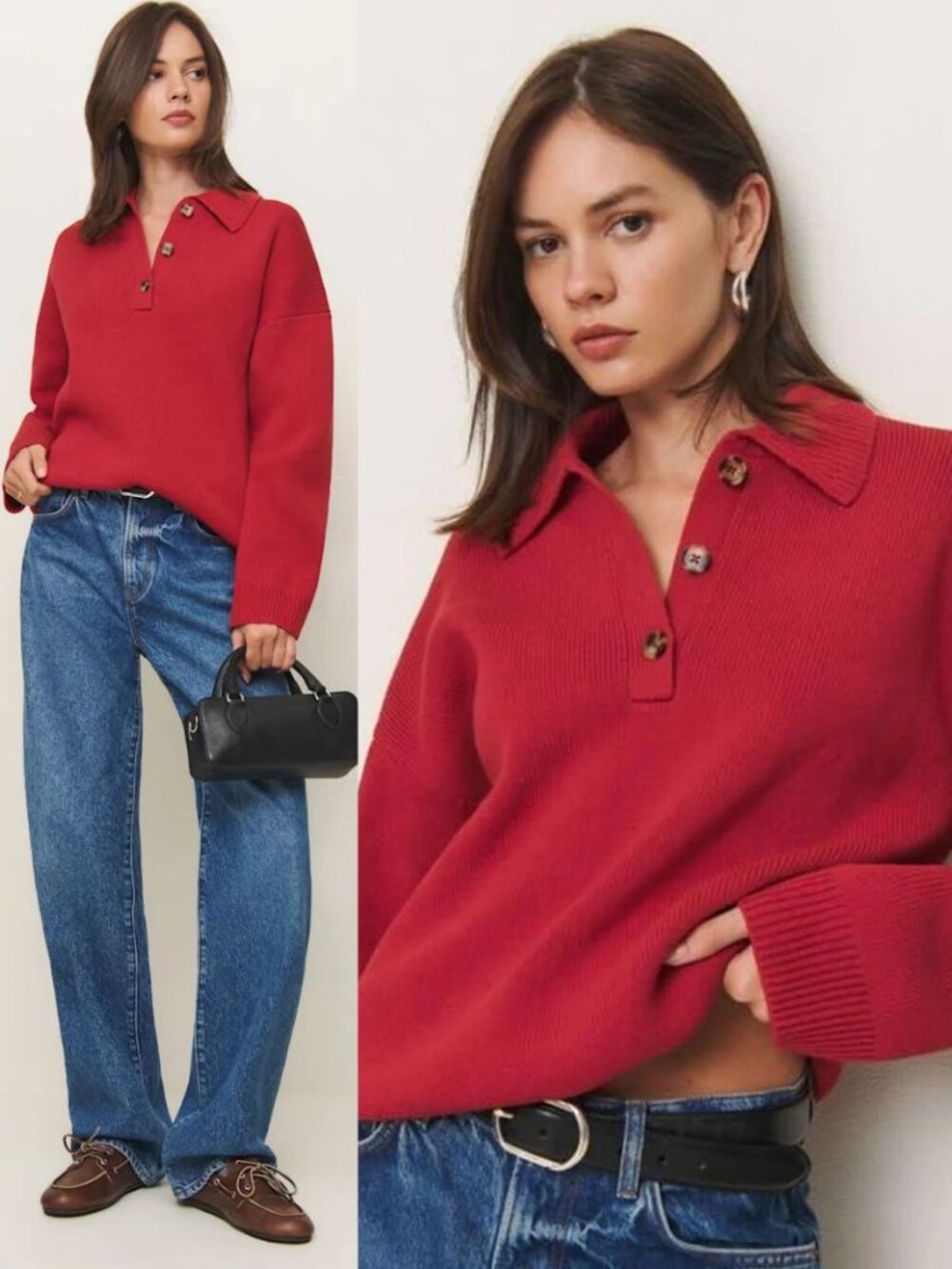 Reformation Brooklyn Sweater Sundried Tomato Red Cotton Polo Henley Size L‎ NWT